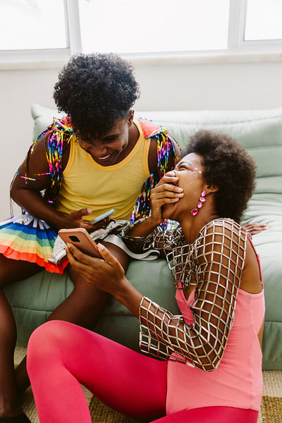 Brazilian carnaval friends laugh together