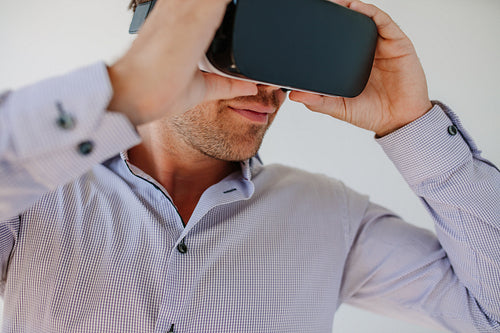 Male model wearing VR goggle