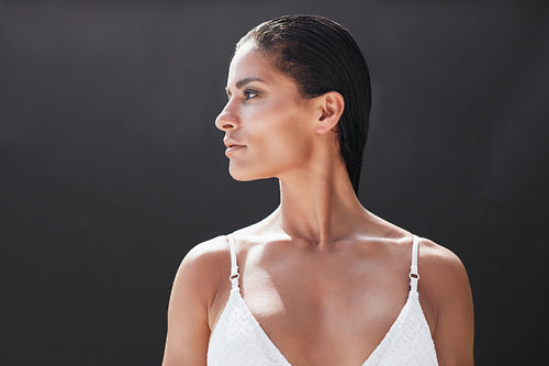 Female model in white lingerie