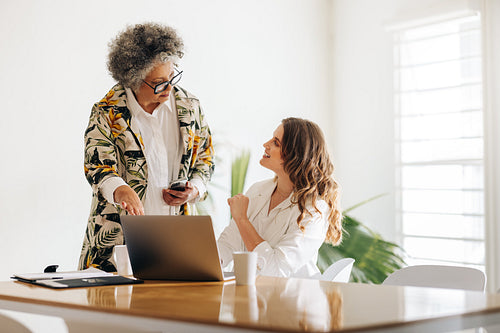 Mature manager having a discussion with her colleague in an offi