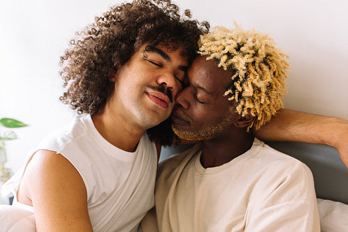 Romantic young gay couple bonding at home