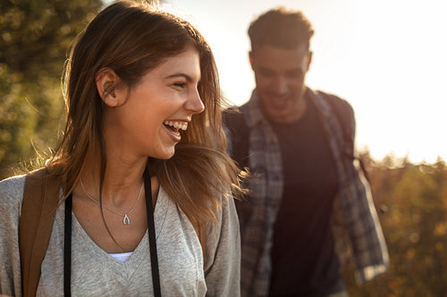 Happy couple hiking in nature