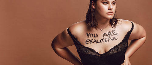 Obese lady motivating herself