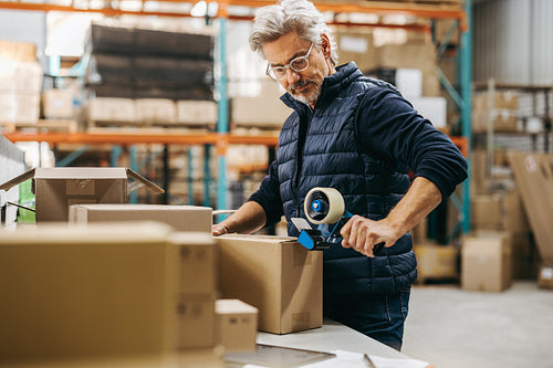 Senior man taping cardboard boxes in a warehouse