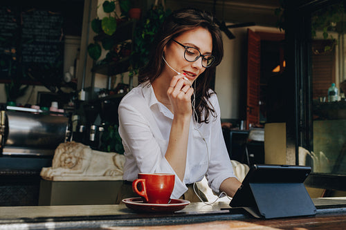 Businesswoman having a video chat on digital tablet