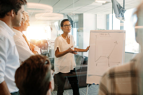 Businesswoman explaining graph to colleagues in office