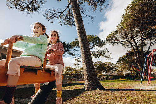 Beautiful little twin sisters playing on the seesaw