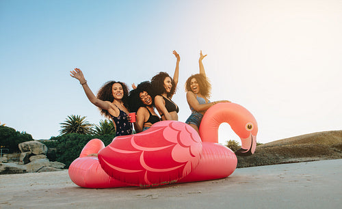 Girls on a inflatable swan at the beach