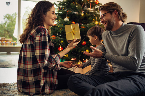 Beautiful small family celebrating Christmas at home