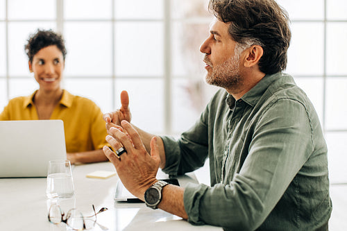 Business professional talking to his team in a meeting