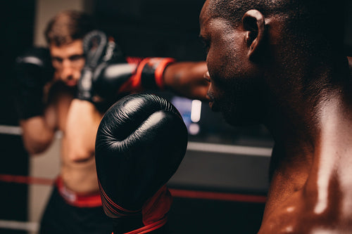 Boxer striking his sparring partner with a gloved fist