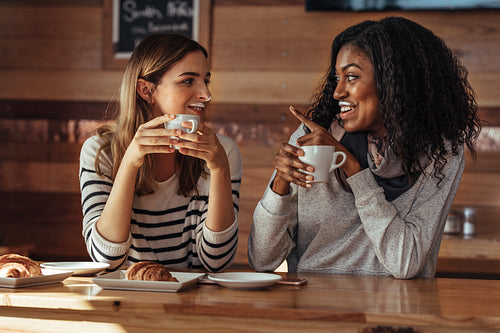 Friends sitting in a cafe drinking coffee