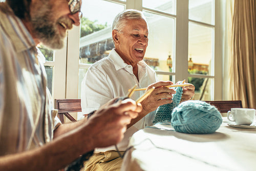Senior friends enjoying knitting at home