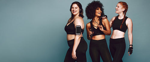 Diverse group women in sportswear after workout