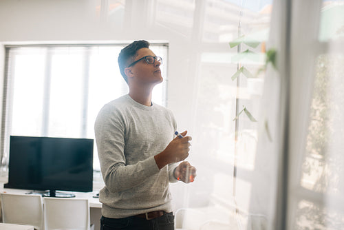 Application developer writing on board in office