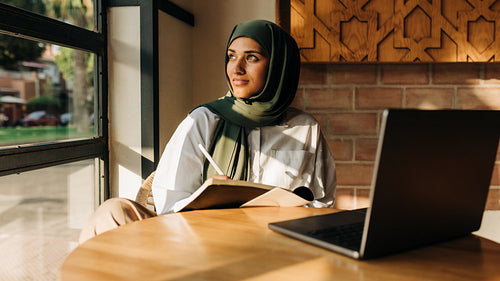 Thoughtful Muslim student studying in a cafe