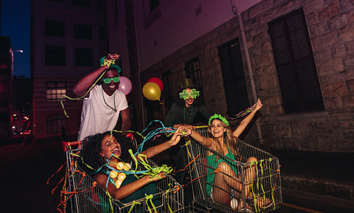 St.Patrick's day celebrating on shopping carts with friends