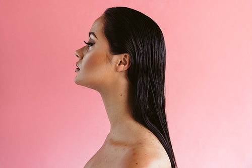 Portrait of young woman in makeup