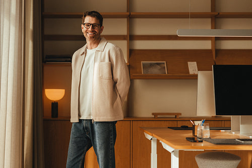 Entrepreneur presents his business in a modern office