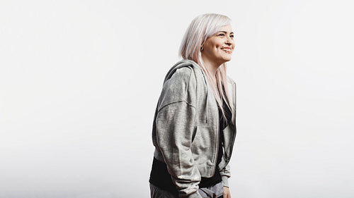 Portrait of cheerful fashionable woman