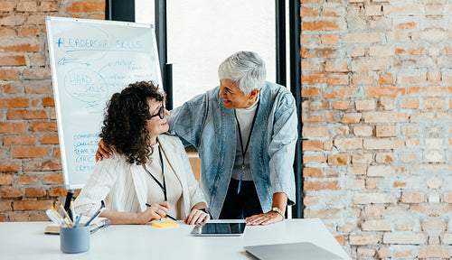 Mentorship in a modern office setting with a smiling businesswoman supporting a colleague