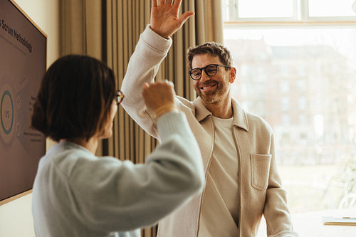Coworkers celebrate teamwork with a high five in office