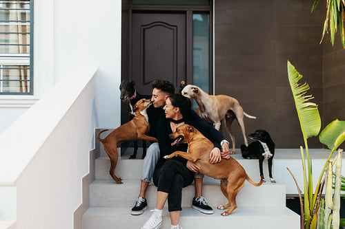 Cheerful couple spending time with their playful dogs