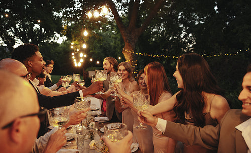 Beautiful garden wedding celebration with friends toasting under string lights in the evening