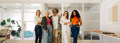 Cheerful businesswomen smiling at the camera in an office