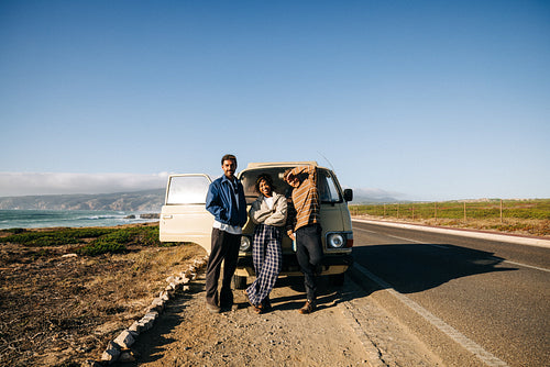 Walking back to the van: Friends regroup during a coastal stop