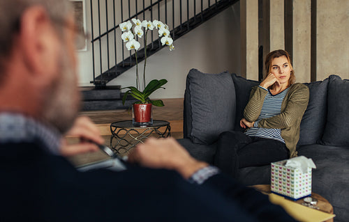 Upset female patient during psychotherapy session
