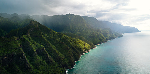 Coastal beauty on a Hawaiian tropical island: The beautiful mountains and sea waters of Kauai