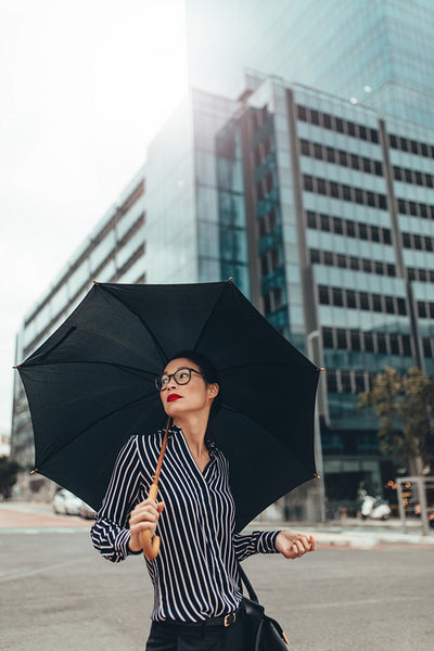 Asian businesswoman on city street with umbrella