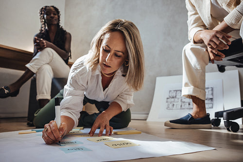 Focused architect working on a design project with team at modern workplace