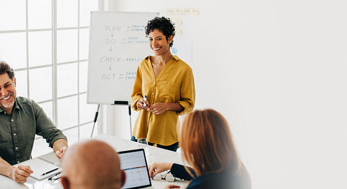 Female business professional having a meeting with her team in an office