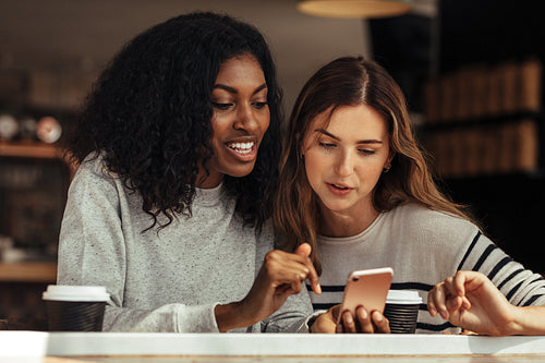 Friends sitting in a cafe looking at mobile phone