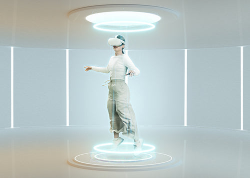 Experimenting with immersive technology. Woman getting into the metavese using vr goggles