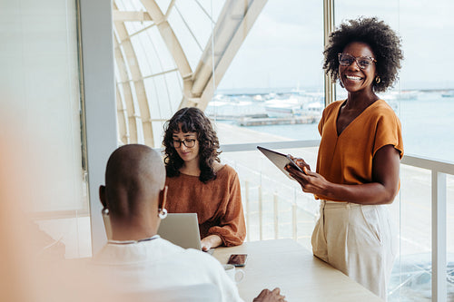 Business woman having a collaborative business meeting with her colleagues in a modern office