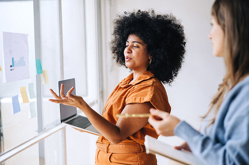 Two female entrepreneurs brainstorming in an office