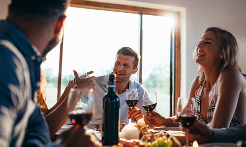 Friends talking during a dinner party