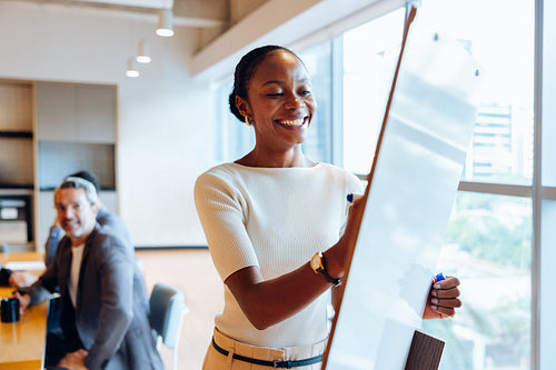 Black woman writing on whiteboard while coworkers interact in office setting