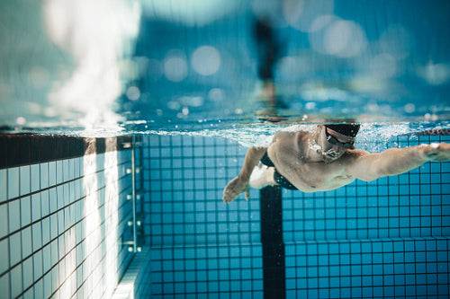 Fit young male swimmer training in the pool