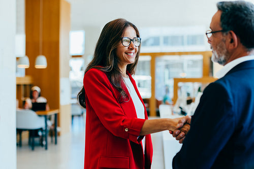 Business professionals shaking hands in an office setting