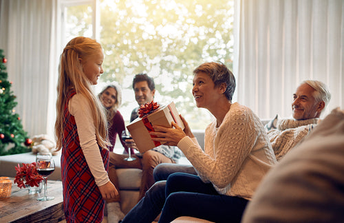 Mature woman receiving a christmas gift from her granddaughter