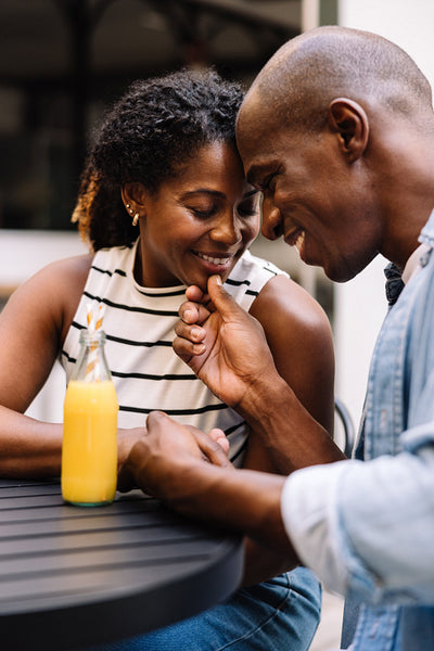 Black couple smiling and enjoying a fun moment together