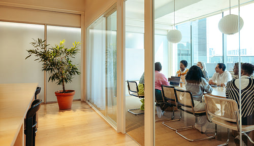 Company meeting in aesthetic conference room featuring elegant decor and natural light
