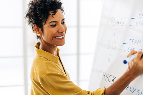 Business woman writing project ideas on a board. Professional woman leading a meeting in an office