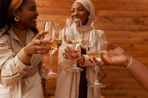 Carefree friends toasting with drinking glasses in a cafe