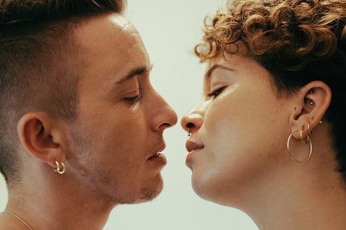 Romantic couple going in for a kiss