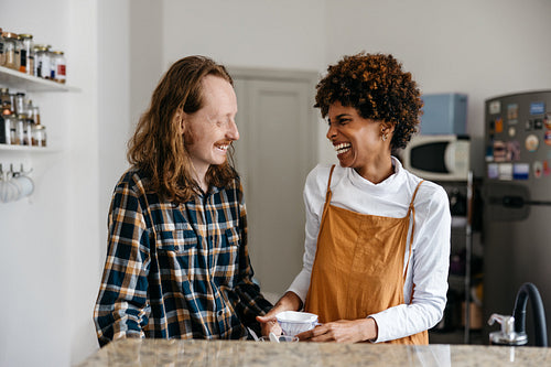 Couple enjoy making coffee time in a cozy kitchen